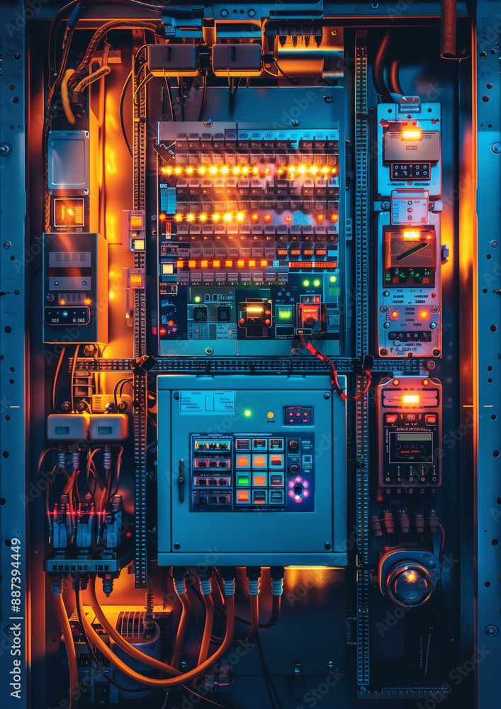 Poster control panel of a computer, like the one in a factory, can be a complex circuit board with various 