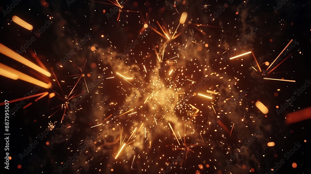 Poster from below shot of wonderful vivid fireworks exploding on background of black night sky : generative
