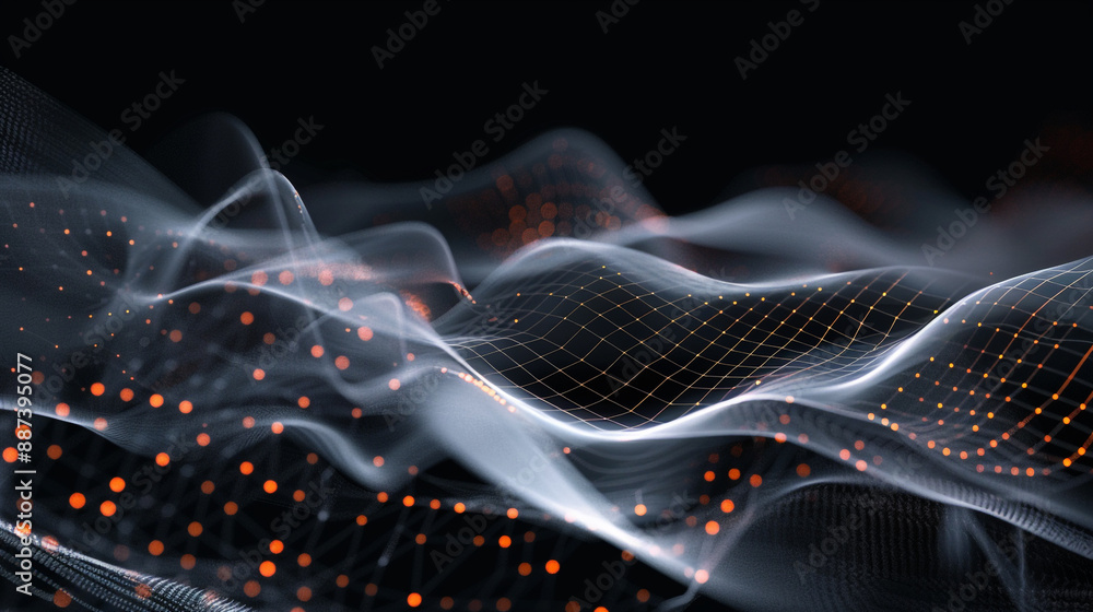 Poster wave line data technology dark background. digital background. connecting dots and wave lines on dar