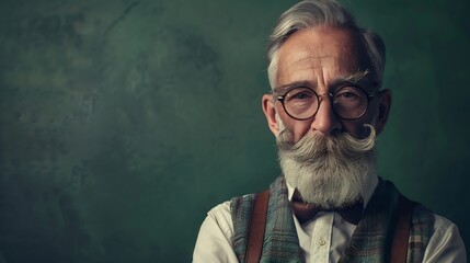 Bookkeeper Portrait of retro mature man with moustache and beard in eyeglasses posing in vintage fashion clothes over dark green background Concept of retro style emotions business wor : Generative AI