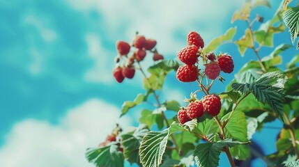 Fototapeta premium Juicy raspberries on a green bush against a blue sky : Generative AI