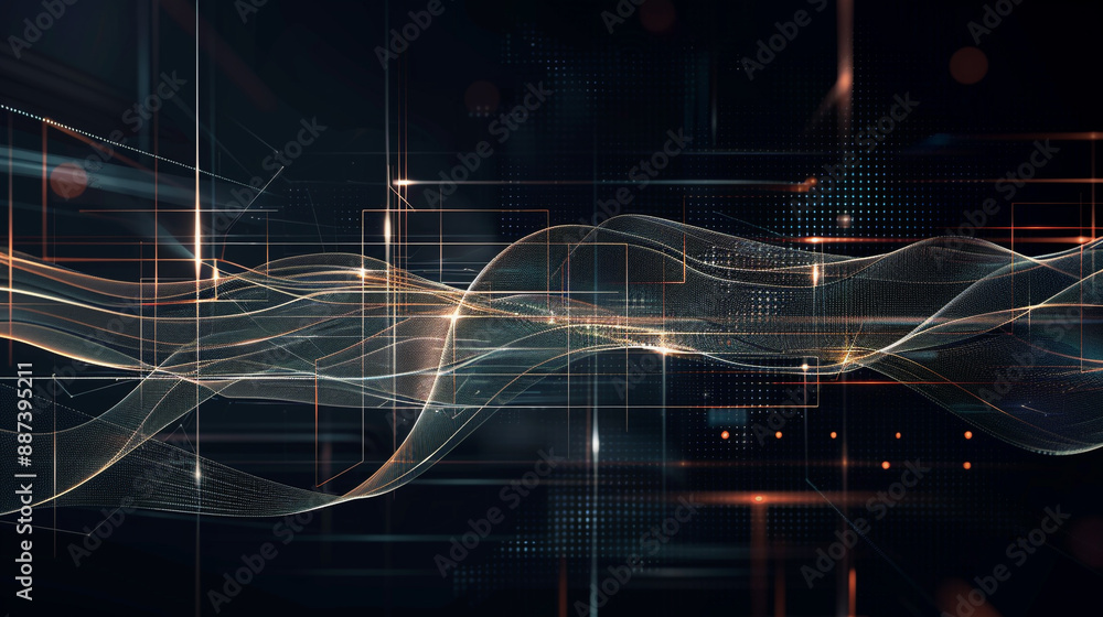 Poster wave line data technology dark background. digital background. connecting dots and wave lines on dar