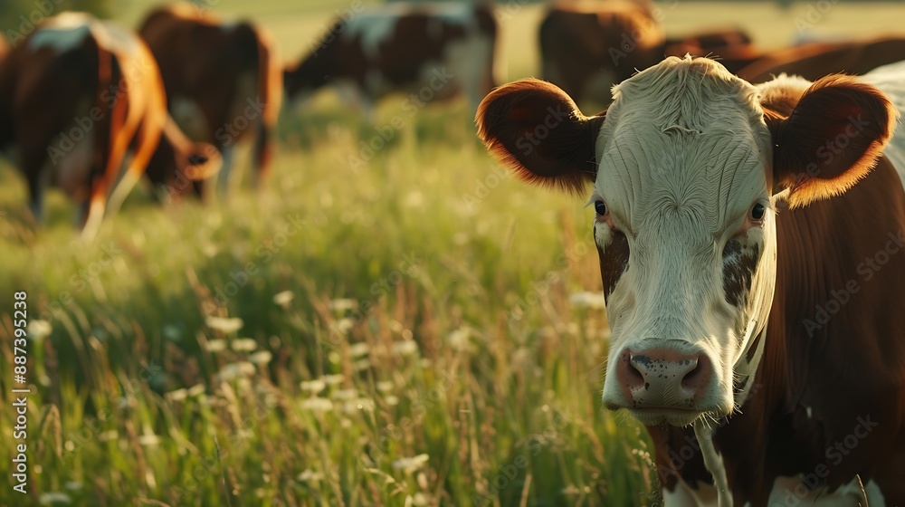 Poster closeup of a herd of hereford cattle grazing in a saskatchewan pasture : generative ai