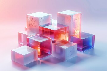 Fototapeta premium Abstract Futuristic 3D Render Minimalistic Style with Floating Geometric Shapes Isometric Design, Light Color Theme, Bright Background, and Soft Lighting