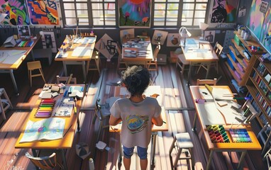 Fototapeta premium A creative artist at work in a vibrant studio filled with colorful paintings and art supplies, immersed in the process of creation.