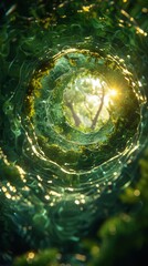 A mesmerizing view of sunlight filtering through a vivid green forest canopy, creating an enchanting, otherworldly atmosphere.