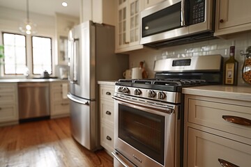Fototapeta premium A modern kitchen features stainless steel appliances, including a microwave, oven, and refrigerator, in a well-lit room with hardwood floors