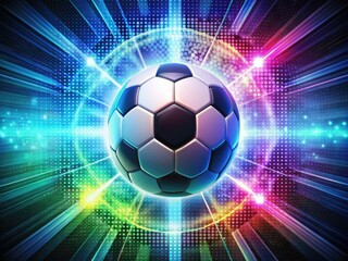 Fototapeta premium Vibrant digital pixels erupt around a sleek soccer ball, radiating energy and movement, perfect for dynamic sports blog headers and modern technology themes.