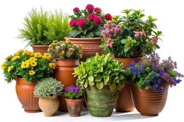 Vibrant greenery spills from elegant ceramic pots, showcasing lush foliage and colorful blooms, isolated on a pristine transparent background, perfect for design and decoration.