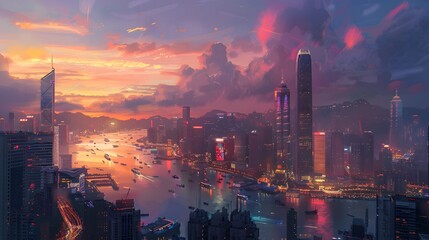 Fototapeta premium Urban Landscapes A bustling city skyline at dusk with sunset 