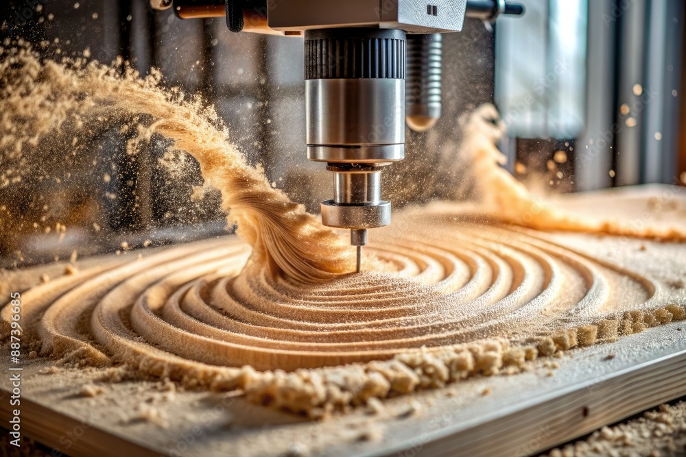 Poster slow motion close-up of cnc milling machine precision cutting wooden boards, creating swirling cloud