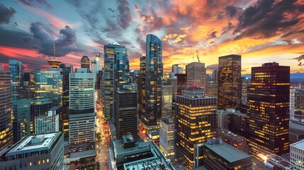 Obraz premium Urban Landscapes A bustling city skyline at dusk with sunset 