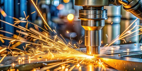 High-speed industrial drill bit piercing through metal, showering sparks in all directions, surrounded by machinery and workshop tools in a well-lit factory setting.
