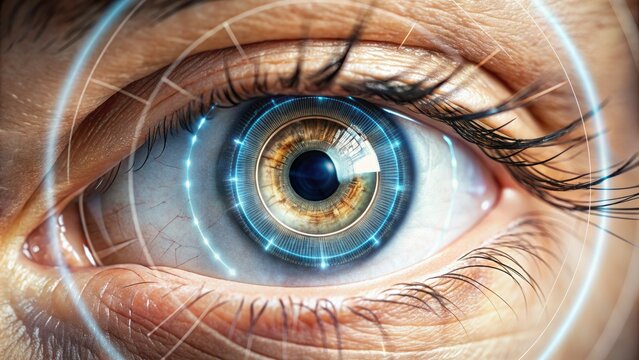 A detailed closeup of a human eye, showing the iris and pupil, circular graphical element symbolizing vision analysis or ophthalmology diagnostic technology.