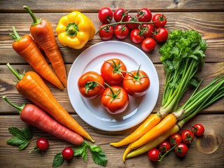 Fresh colorful vegetables, including cherry tomatoes, carrots, and bell peppers, neatly arranged on a rustic wooden table with a blank white plate nearby.