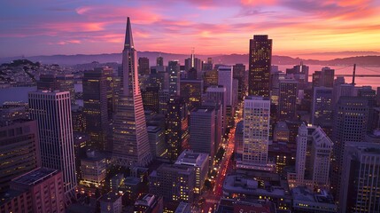 Obraz premium Urban Landscapes A bustling city skyline at dusk with sunset 