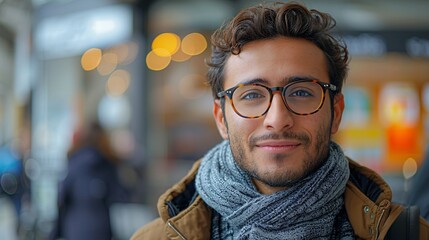 Obraz premium A man with a beard and glasses smiles warmly while wearing a grey scarf in a busy urban environment