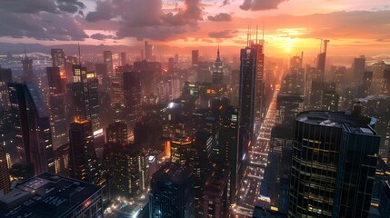 Obraz premium Urban Landscapes A bustling city skyline at dusk with sunset 