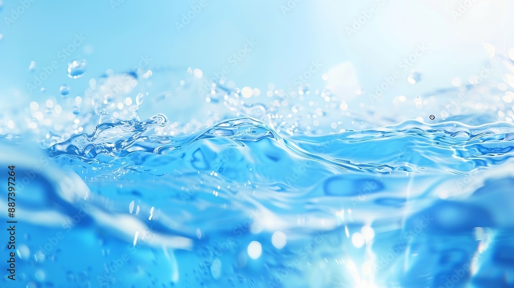 Poster Flowing water with shining wave texture on a vibrant sunlight blue background Abstract Water surface background idea Abstract summer template background : Generative AI