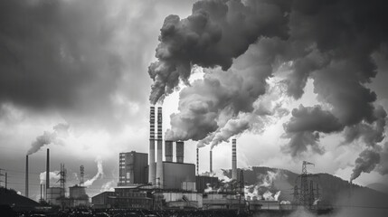 A black and white photo of a factory with smoke billowing out of it