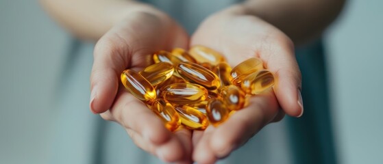 Female hands holding a pile of fish oil capsules, perfect for showcasing nutritional supplements, health benefits, and wellness routines