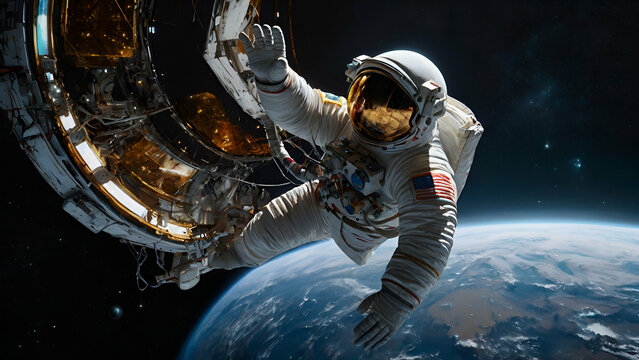 A cosmonaut, in the midst of vast darkness, reaches out towards a gleaming satellite orbiting above. The cosmonaut, with a weathered space suit adorned with colorful patches, appears determined as the