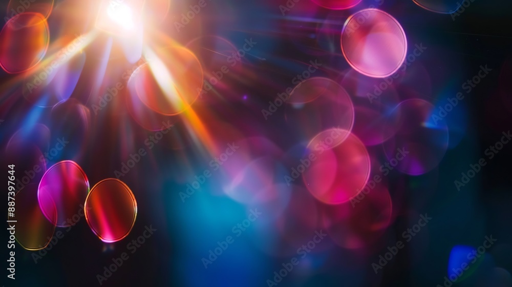 Poster abstract blurred colorful lens flare bokeh on black : generative ai