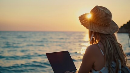 Woman laptop sea Working remotely on seashore Happy successful woman female freelancer in straw hat working on laptop by the sea at sunset Freelance remote work on vacation : Generative AI