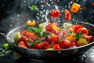 Vegetable stir-fry ingredients flying dynamically