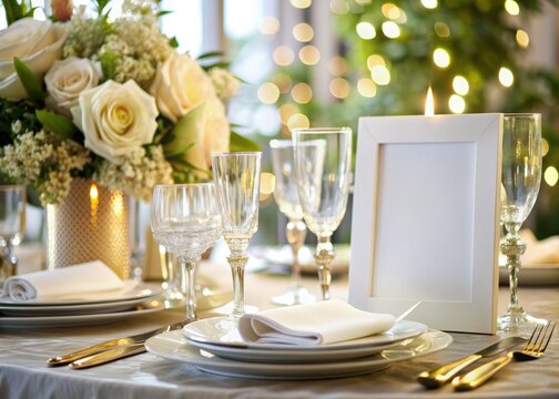 Elegant table setting with crisp white linen, fine china, and sparkling glassware, featuring a blank menu card mockup awaiting personalized wedding details.