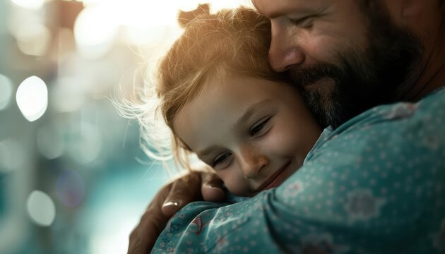 Happy young parents hugging their recovered daughter in a hospital room, bright and warm atmosphere, high resolution, emotional and heartwarming, detailed and loving family moment