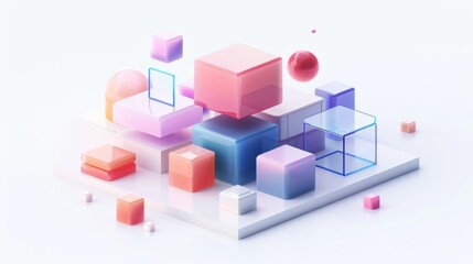 Naklejka premium Abstract Futuristic 3D Render Minimalistic Style with Floating Geometric Shapes Isometric Design, Light Color Theme, Bright Background, and Soft Lighting