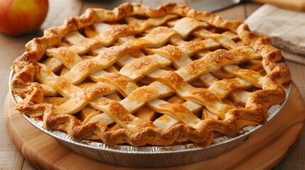 Close-up Freshly Baked Classic Apple Pie Lattice Crust Topping
