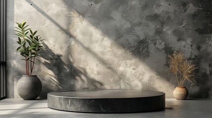 close up shot of a round podium placed against a Mid-Century Modern style backdrop of matte painted walls in neutral tones like gray or taupe, offering a clean and contemporary aesthetic 