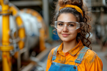 A woman wearing a yellow shirt and blue overalls is smiling at the camera. She is wearing safety glasses and a yellow bandana