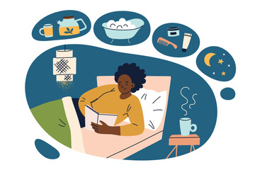 Bedtime rituals vector illustration, sleep hygiene concept. Woman in bed with book, relaxing evening routine, night tea, bath, skincare. Cozy bedroom composition with moon, wellness and self care