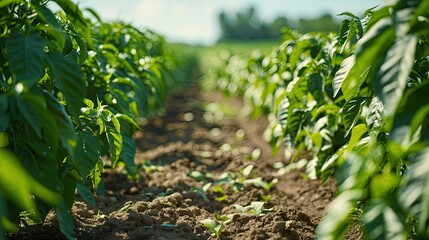 Pepper bushes grow in rows in open ground Harvest ripening Organic farming Agriculture