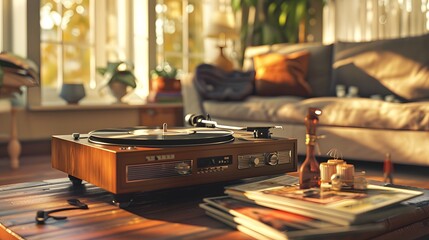 Obraz premium Vintage Record Player A vintage record player on a wooden table