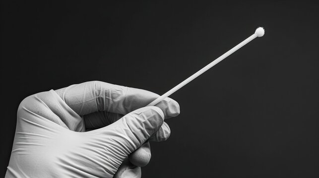 One Cotton stick for swab test in hand with nitrile medical gloves or latex glove on black and white picture close up - Powered by Adobe