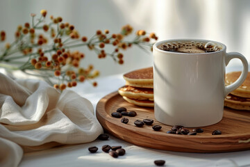 A cup of coffee with pancakes for mockup on a table with coffee beans scattered around it.