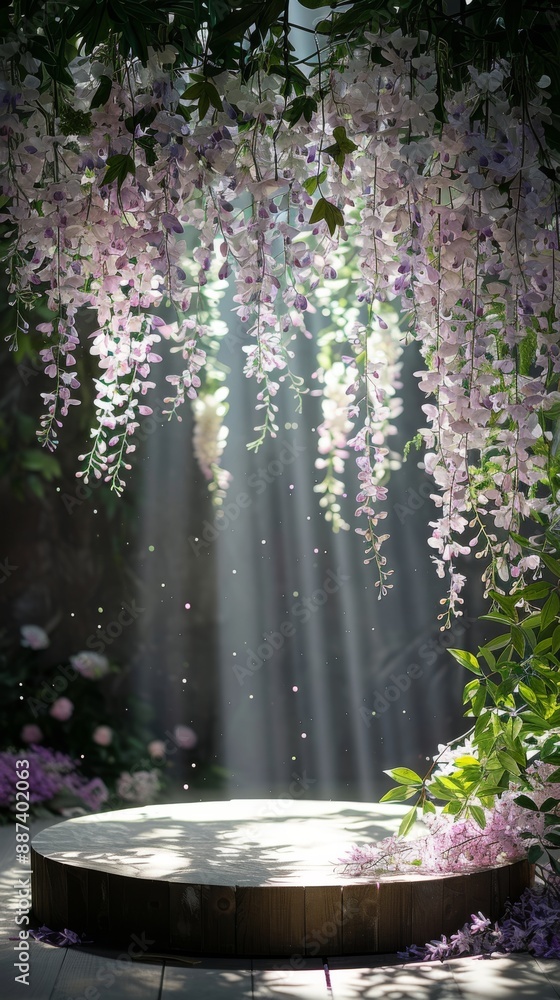 Poster close up, small round empty podium with delicate wisteria vines hanging down around it, creating a w