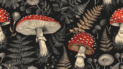 Vintage woodland nature seamless pattern Amanita mushroom fern forest plants witchcraft wallpaper Botanical texture on black background