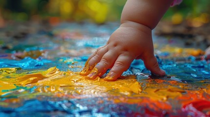 Obraz premium Child's Hand Exploring a Colorful Palette