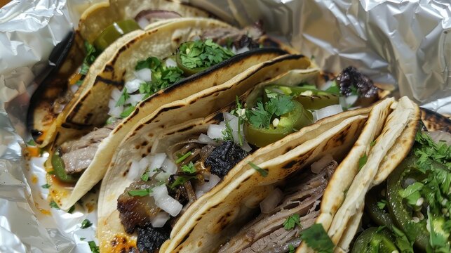 Carnitas and Tripas Tacos with Grilled Onions and Grilled Jalapeno
