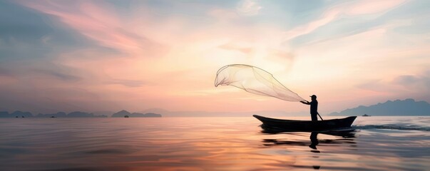 Silhouette of a fisherman throwing a fishing net from a small boat against a vibrant sunset
