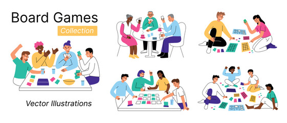 Vector illustration set of people playing boardgames. Friends and families enjoying card games at the table. Children, adults cartoon style characters. Fun leisure time, bonding and entertainment