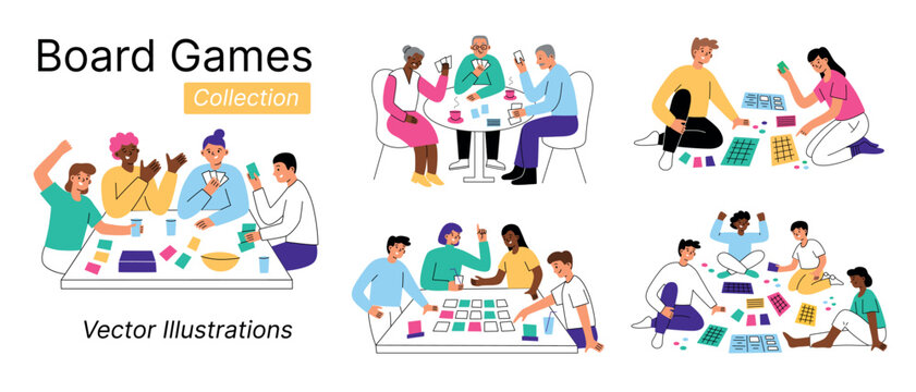 Vector illustration set of people playing boardgames. Friends and families enjoying card games at the table. Children, adults cartoon style characters. Fun leisure time, bonding and entertainment