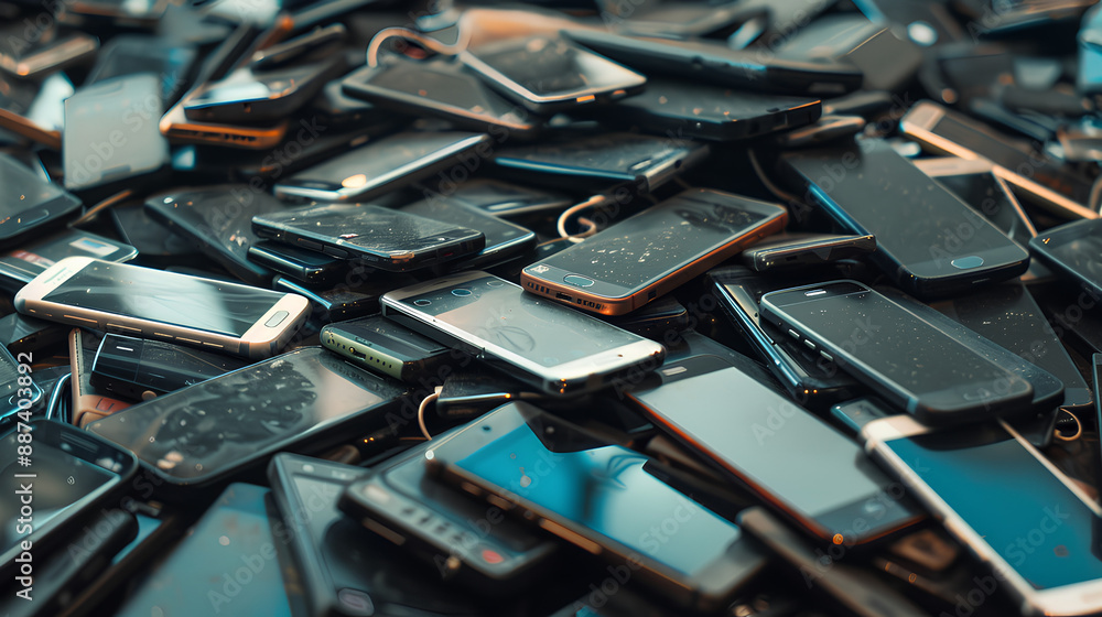 Poster a pile of many mobile phones on a table. the background features various types and models of smartph