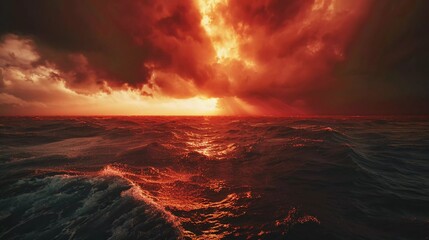 Obraz premium Sea storm. Dramatic fiery red stormy cloudy sky reflects troubled water surface. Panoramic wide angle view. Fantasy stormy sea. Cinematic stormy sea with very beautiful rays of light in the evening