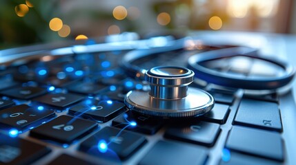Stethoscope on a Laptop Keyboard with Blue Glowing Lines
